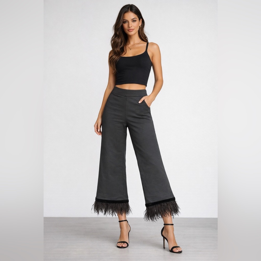 EMILY MCCARTY Wide Leg Feather Trim‎ Crop Pants Black Size L
